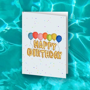 anniversaire vierge de ballon de confettis de joyeux anniversaire | Lettres ballon dessinées à la main | Téléchargement de la carte HBD | Carte d'anniversaire à télécharger