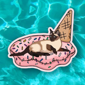 Siamese Die Cut Sticker | Siamese Cat Sitting on Ice Cream Cone Floatie | Siamese Cat Die Cut Sticker | Vinyl Cat Sticker | Ice Cream Decal