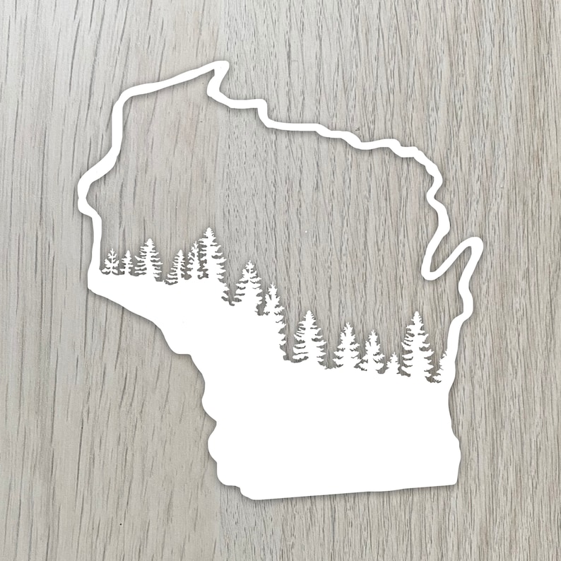May include: White silhouette of the state of Wisconsin with a line of trees along the bottom edge.