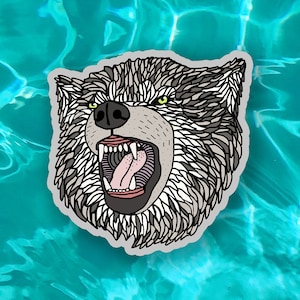 Hand drawn wolf growling die cut sticker | Waterproof Wolf Vinyl Decal Stickers for Water Bottles | Growling Wolf Decals | Pop Art Wolf