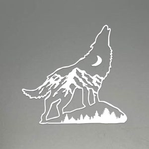 Wolf Mountain Decal | Hand Drawn Wold Decal with a mountain range inside | wolf howling at moon with trees | Wolf with pine trees & moon