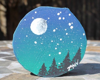 The Moon and Stars Acrylic Painting on Wood Canvas