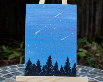 Acrylic Canvas Painting of Trees Under a Starry Night