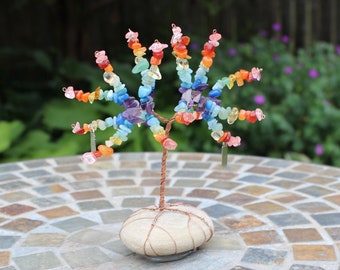 Rainbow Colored Crystal Rock Wire Tree Sculpture with "Love" and "Peace" Charms - Handmade