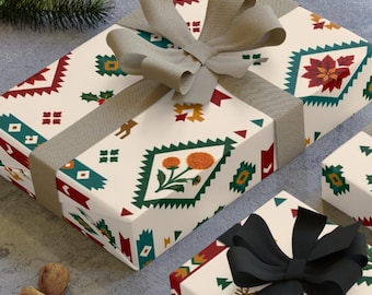 Arquivo de padrão digital sem costura com arte folclórica natalina asteca do sudoeste americano, com veados, azevinho, poinsétias e calêndulas, design rústico de Natal.