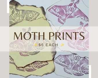 Moth handmade stamp print with burned edges cottage core wall decor