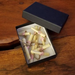 May include: An open black box with a navy blue lid, revealing several small, rolled scrolls. Each scroll is tied with twine and sealed with a pink wax stamp. The box sits on a wooden surface.
