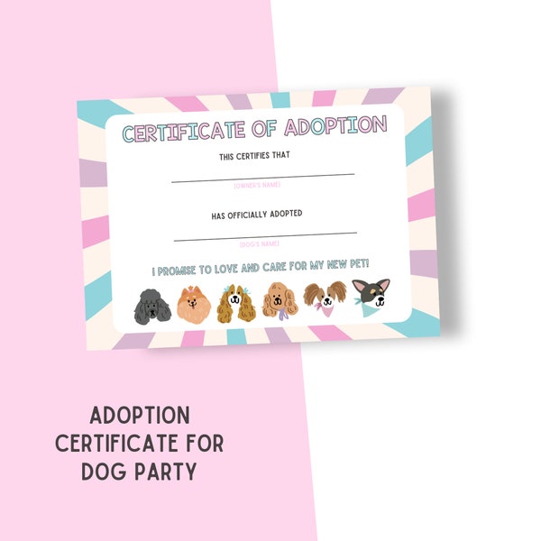 Printable Party Activity // Puppy Adoption Certificate // Dog Birthday Party // Girl Birthday Party // Adopt a Dog Party