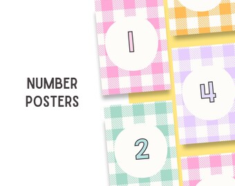 May include: Number posters with a gingham pattern in pastel colors. Each poster features a large number inside a white circle. The posters are pink, green, orange, and purple. The words "NUMBER POSTERS" are printed in black.