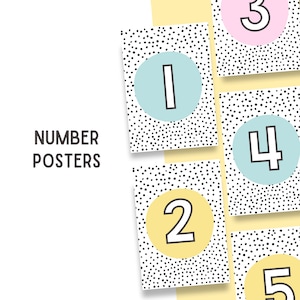May include: Five colorful number posters with black polka dots. The numbers are 1, 2, 3, 4, and 5. Each number is in a circle with a different color. The background is white with black polka dots.