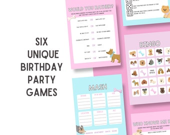 May include: Six unique birthday party games with a dog theme. The games include Would You Rather, Bingo, Mash, and Who Knows Me Best. The games are printed on light blue and pink backgrounds with illustrations of dogs.