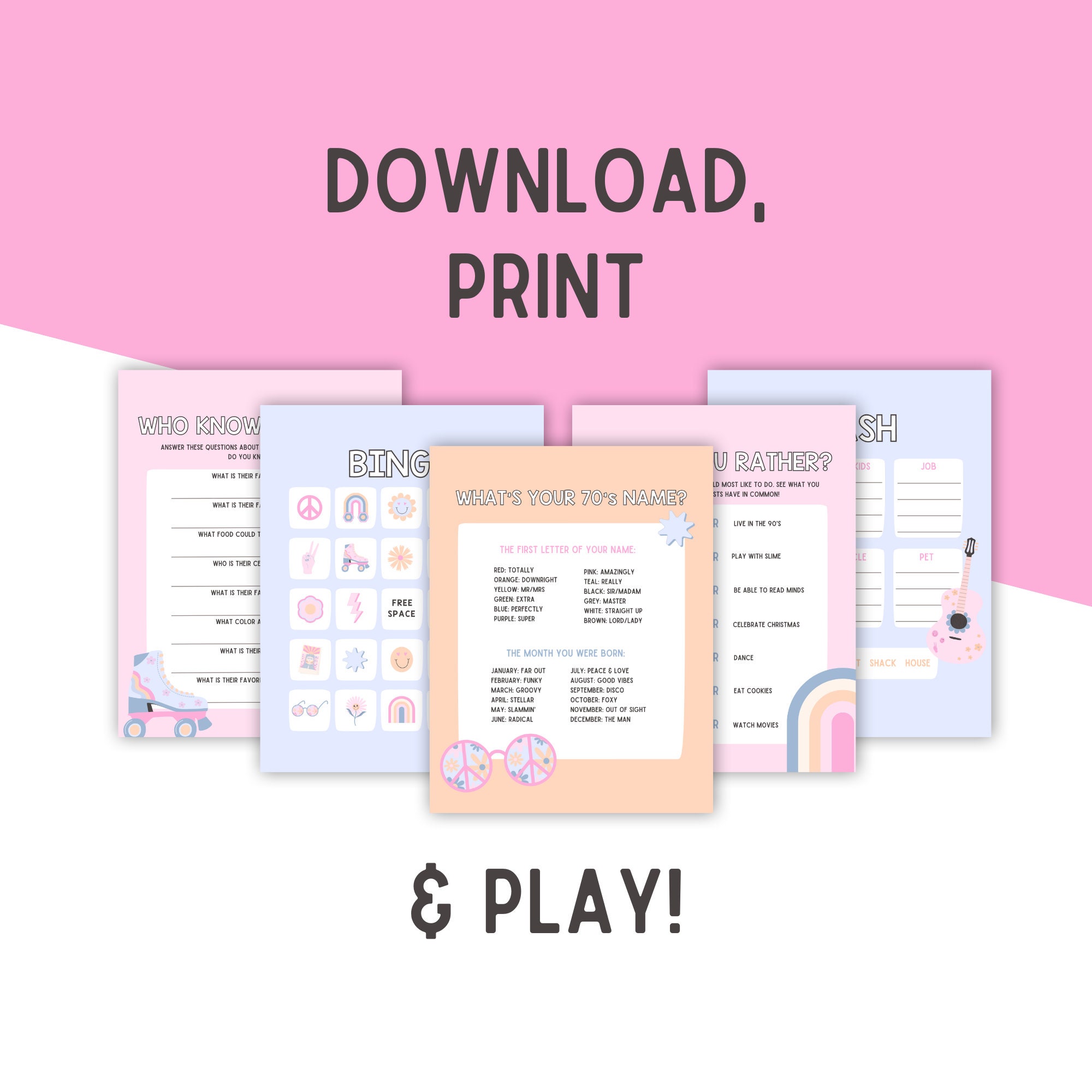 Printable Party Games // Birthday Party Games // 70's Party Games ...