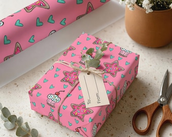 Rosa Geburtstagspapier für Mädchen, Cupcake-Geschenkpapier, Geburtstagspartyzubehör, matt, glänzende Geschenkpapierrolle, Kindergeburtstaggeschenkpapier