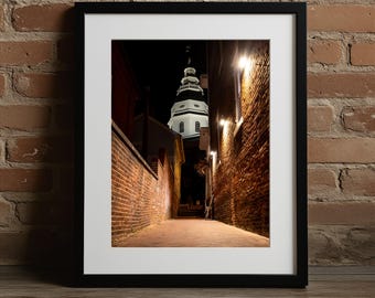 May include: Framed photograph of a nighttime alleyway with brick walls and a distant white building with a distinctive cupola. The alley is illuminated by streetlights, creating a warm glow on the brickwork and pathway.