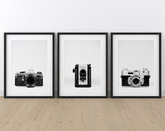 Vintage Camera Three Photo Print Set, Kodak, Pentax and Argus Argoflex, Film Camera Art, Gift for Photographers