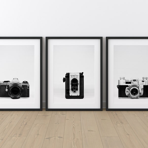 Vintage Camera Three Photo Print Set, Kodak, Pentax and Argus Argoflex, Film Camera Art, Gift for Photographers