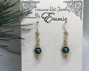 Deep Green Freshwater Pearls and Gold Dangle Earrings, Tropical Beach Jewelry, Christmas Earrings, Handmade Gift for Her