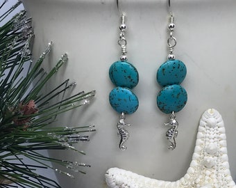 Turquoise and Silver Seahorse Earrings, Tropical Earrings, Beach Earrings, Handmade Jewelry for Women, Gift for Her