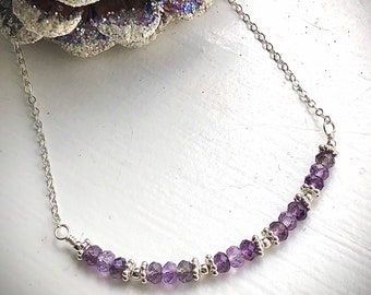 Silver and Amethyst Gemstone Bar Necklace, February Birthstone Necklace, Tropical Beach Jewelry, Handmade Jewelry for Women, Gift for her