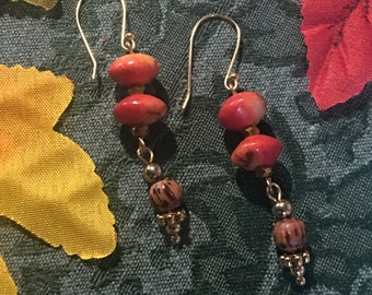 Burnt Orange Fall Earrings, Wood Gold and Brass Dangle Earrings, Handmade Jewelry for Women, Gift for Her