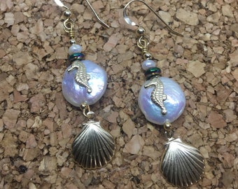 White Coin Pearl, Seahorse, Clamshell, Gold Dangle Earrings