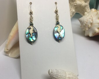 Abalone with Seahorse Earrings, Gold Paua Shell Earrings, Tropical Beach Jewelry, Handmade Jewelry for Women, Gift for her