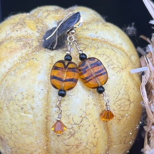 Orange and Black Tiger Beads with Swarovski Crystals on Gold Dangle Earrings, Halloween Earrings, Fall Jewelry, Handmade Gift for Her image 3