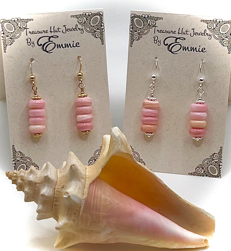 Pink Queen Conch Shell Dangle Earrings, Tropical Beach Jewelry, Gold Earrings, Silver Earrings, Handmade Jewelry for Women, Gift for her image 1