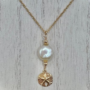 White Coin Pearl and Gold Sand Dollar Necklace, Tropical Beach Jewelry, Bridal Necklace, Handmade Gift for Her