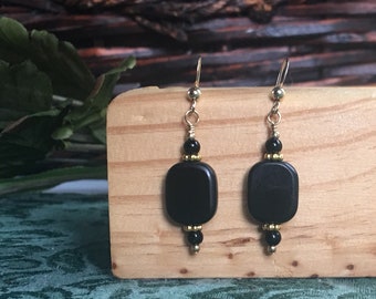 Black Onyx Gold Dangle Earrings, Black Rectangle Earrings, Handmade Jewelry for Women, Gift for her