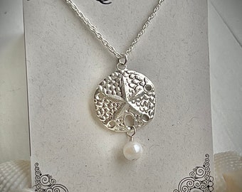 Silver Sand Dollar with Saltwater Pearl Necklace, Tropical Beach Jewelry, Bridal Jewelry, Handmade Gift for Her