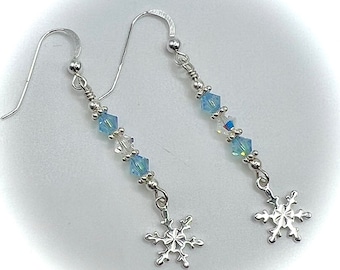 Holiday Christmas Snowflake Dangle Earrings with Swarovski Crystals in Sterling Silver, Sparkly Christmas Jewelry, Handmade Gift for Her