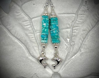 Amazonite and Sterling Silver Dolphin Dangle Earrings, Tropical Beach Jewelry, Sea Life Jewelry, Gift for her