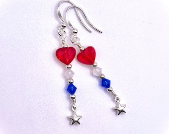 Red Heart, White & Blue Silver Dangle Earrings, Patriotic Earrings, 4th Of July Earrings, Independence Day Earrings, Memorial Day Earrings