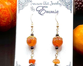 Bright Orange and Black Beads on Gold Dangle Earrings, Fall Jewelry, Halloween Earrings, Gift for Her