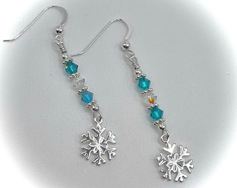 Holiday Christmas Snowflake Dangle Earrings with Swarovski Crystals in Sterling Silver, Snowflake Christmas Jewelry, Handmade Gift for Her