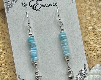 Larimar and Sterling Silver Seahorse Dangle Earrings, Ocean Life Jewelry, Tropical Beach Earrings, Handmade Jewelry for Women, Gift for Her