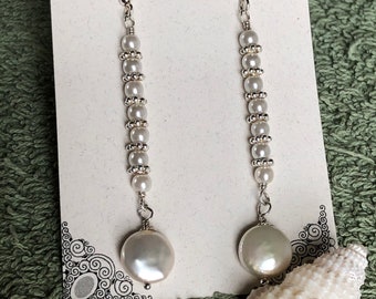 Long Coin Pearl Sterling Silver Dangle Earrings, Beach Jewelry, Bridal Jewelry, Gift for Her