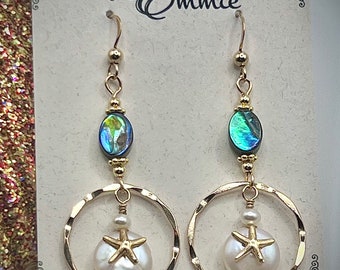 Abalone and White Coin Pearl with Gold- Filled Starfish Charm and Gold-Filled Circle Dangle Earrings, Tropical Beach Jewelry, Gift for Her