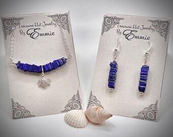 Lapis Lazuli and Silver Turtle Charm Bar Necklace and Matching Earrings, Ocean Themed Jewelry Set, Handmade Jewelry for Women, Gift for Her