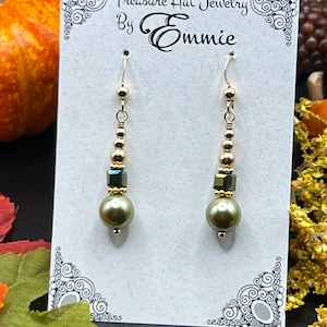 Soft Green Swarovski Pearls with Green Aurora Borealis Cube Beads on Gold Dangle Earrings, Fall Earrings, Christmas Jewelry, Gift for Her
