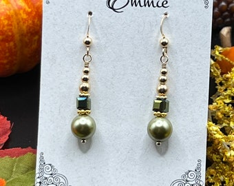 Soft Green Swarovski Pearls with Green Aurora Borealis Cube Beads on Gold Dangle Earrings, Fall Earrings, Christmas Jewelry, Gift for Her