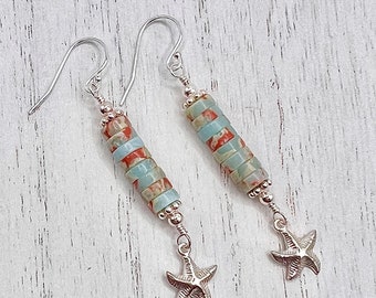 Serpentine and Sterling Silver Starfish Dangle Earrings, Tropical Beach Jewelry, Sea Life Jewelry, Gift for her