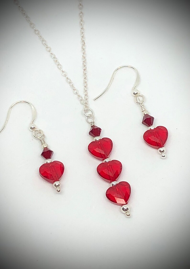 Valentine Red Heart Crystals Silver Necklace and Matching Dangle Earrings