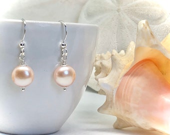 Pink Peach Pearl Sterling Silver Dangle Earrings, Tropical Beach Jewelry, Bridal Jewelry, Handmade Gift for Her