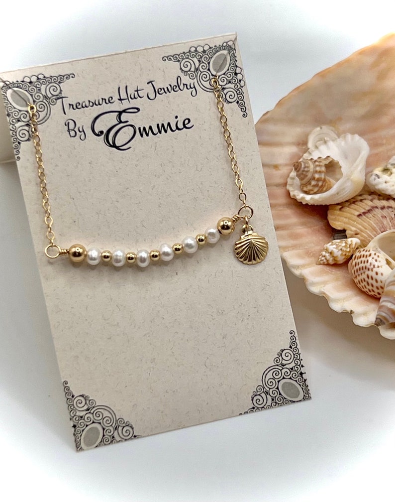 White Pearls with Gold Filled Beads and a Tiny Gold Filled Scallop Sea Shell Charm Beaded Bar Necklace, Tropical Beach Jewelry, Gift for Her image 1