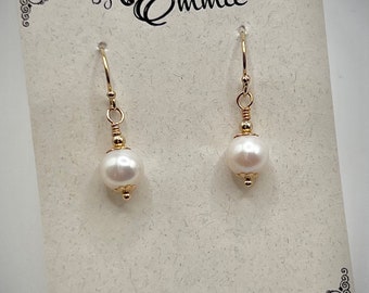 White Classic Freshwater Pearl 14k Gold-Filled Dangle Earrings, Tropical Beach Jewelry, Bridal Round Pearl Earrings, Christmas Gift For Her