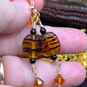 Orange and Black Tiger Beads with Swarovski Crystals on Gold Dangle Earrings, Halloween Earrings, Fall Jewelry, Handmade Gift for Her image 4