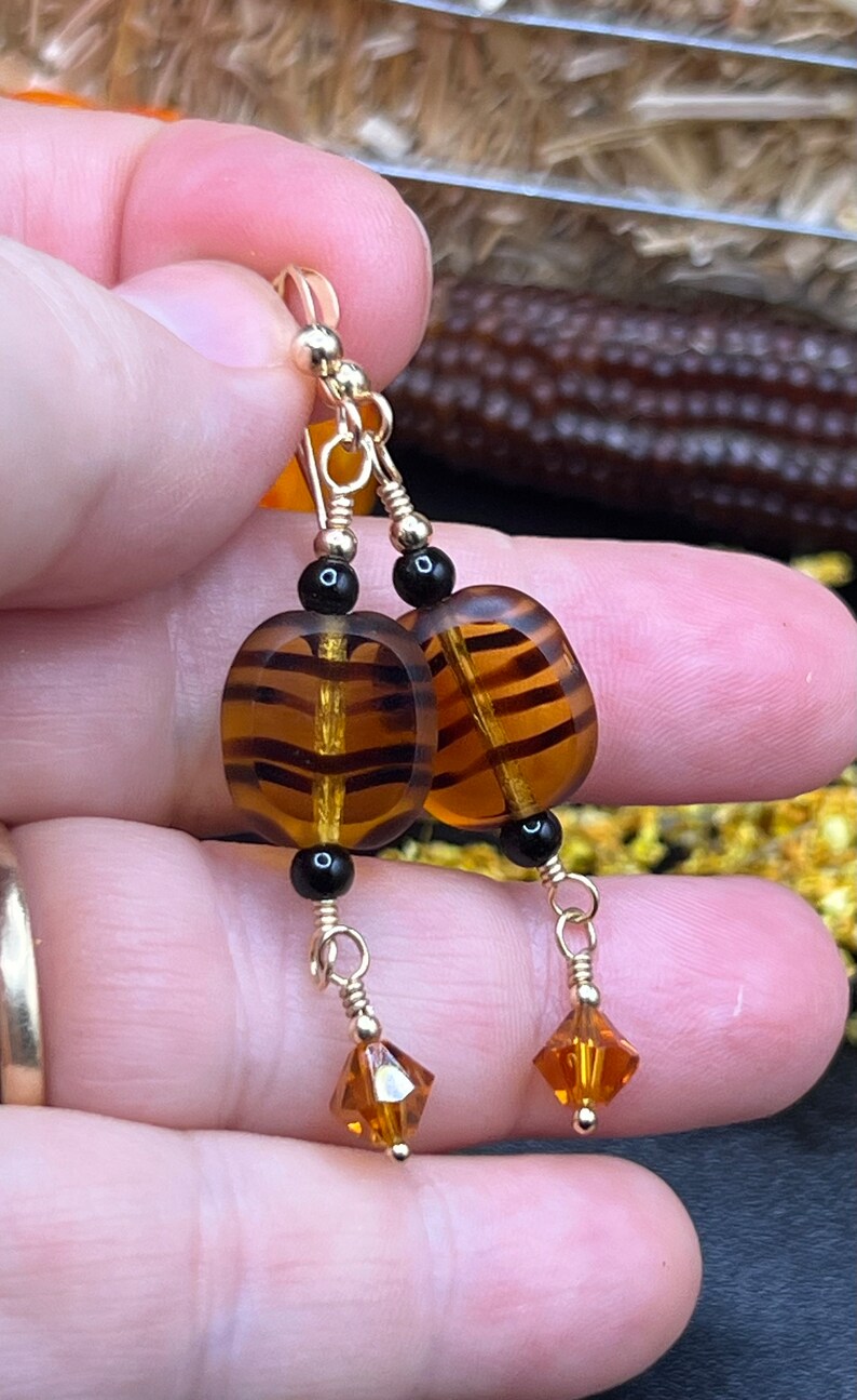 Orange and Black Tiger Beads with Swarovski Crystals on Gold Dangle Earrings, Halloween Earrings, Fall Jewelry, Handmade Gift for Her image 4