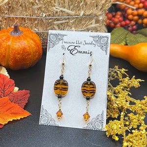 Orange and Black Tiger Beads with Swarovski Crystals on Gold Dangle Earrings, Halloween Earrings, Fall Jewelry, Handmade Gift for Her image 1